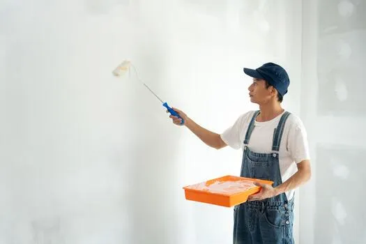 products to restore and paint the wall indoor the building site of a house wall during painting renovation painting contractor architect construction worker photo